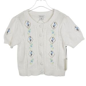 Rachel Zoe Eyelet Floral Embroidered Sweater Cardigan NWT Prairie Cottagecore